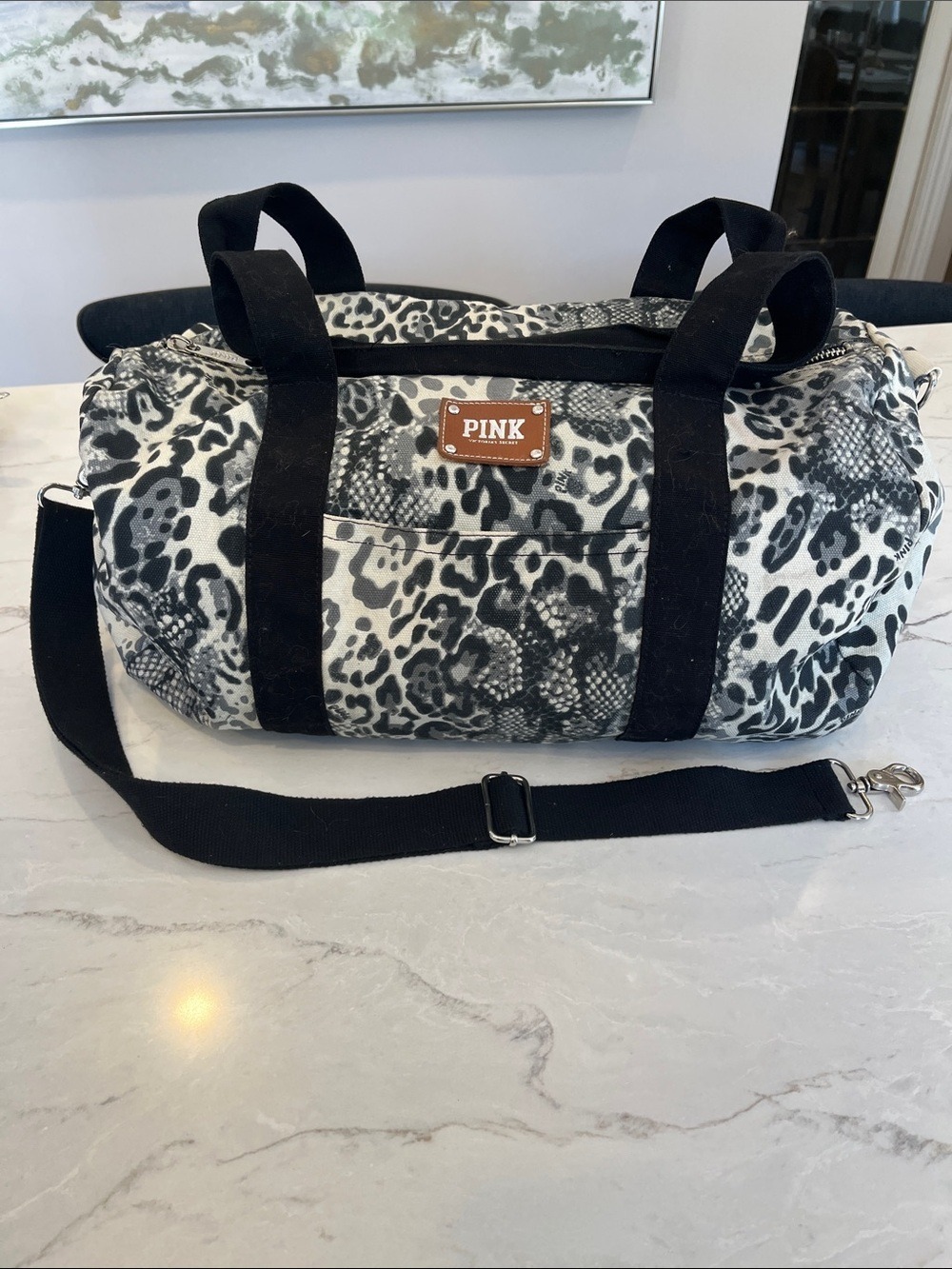 PINK Victoria's Secret Black & White Animal Print Travel Duffel